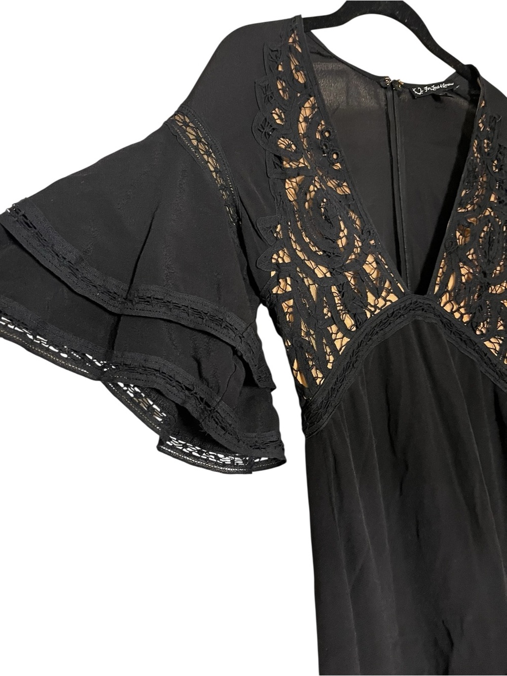 For Love & Lemons Carmine Mini Dress Black Lace Plunge Flutter Sleeve S - Picture 7 of 14